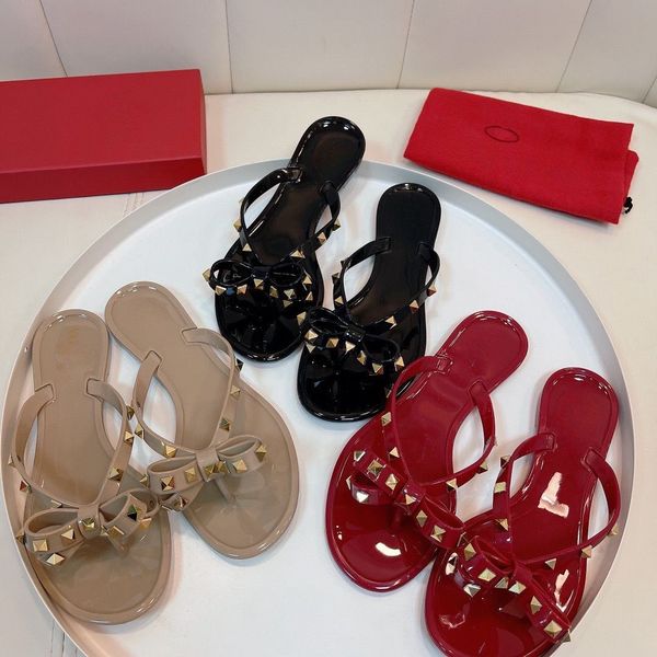 

new brand summer designer sandals women rivet bow knot flat slippers sandal studded girl luxury slides lady flip flops 35-42, Black
