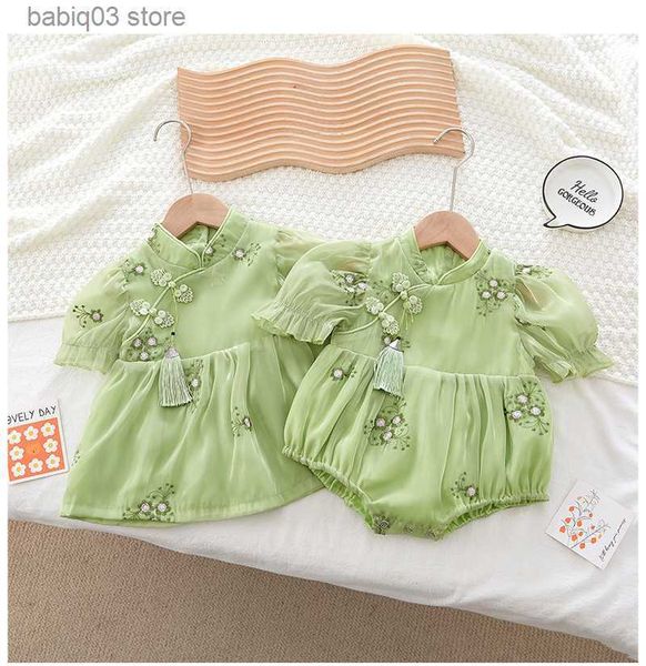 

rompers summer baby girls romper cotton green flowers ruffles dress for infant jumpsuits newborn clothes chinese style 3 6 9 12 month t23052, Blue