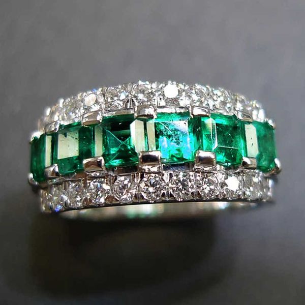 

band rings huitan temperament women finger-ring with brilliant green/white cubic zirconia luxury elegant lady accessories for party jewelry, Silver