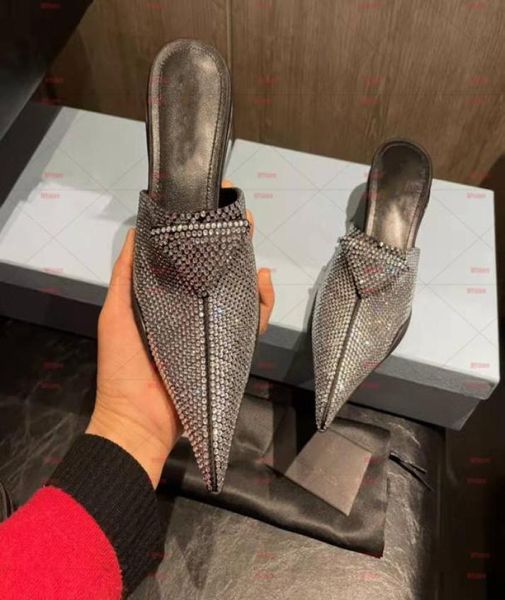 

spring 2022 new crystal diamond tip toe cap slippers iconic triangular logo square head highheeled women shoes size 35426109506, Black