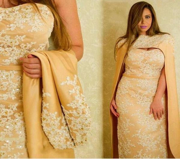

saudi arabic gold satin sheath evening dresses with cape white lace applique formal party gowns mermaid long prom dress vestidos d1337139, Black;red