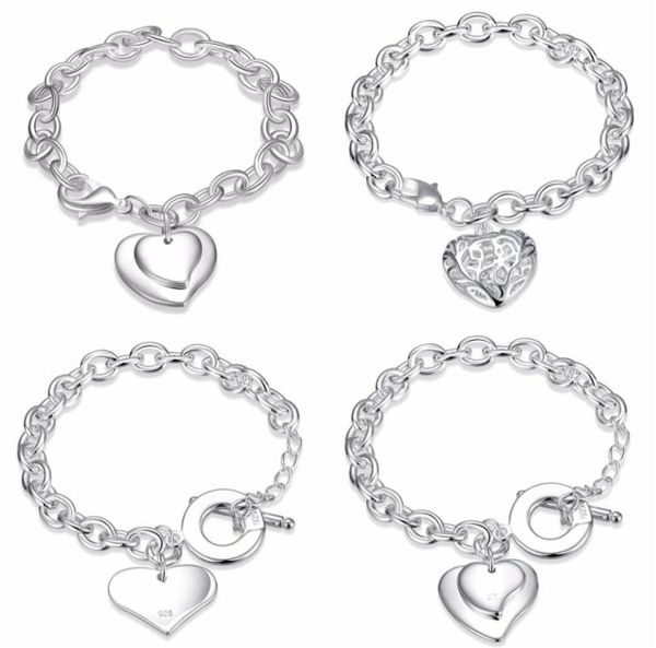 

whole mixed order 925 sterling silver plated heart pendant charm bracelet bangles fashion party jewelry valentine039s day5739519, Golden;silver