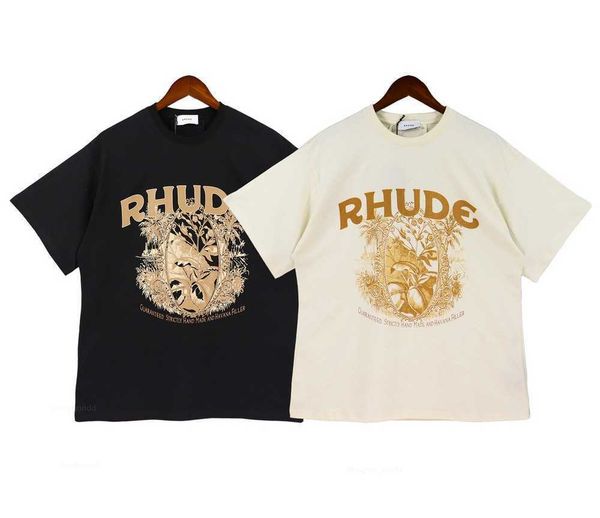 

summer high street rhude classic plant printing t shirt men women size 100% cotton casual tees, White;black