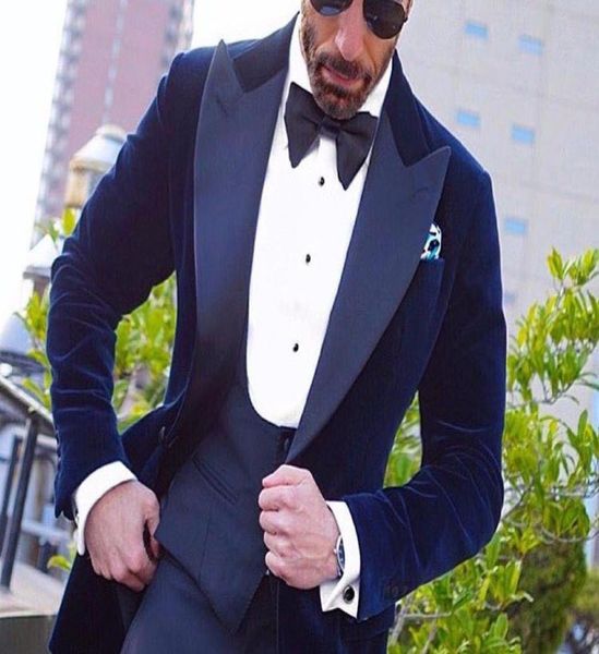 

navy blue velvet men wedding tuxedos 3 piece suit groom tuxedos excellent men business dinner prom blazerjacketpantstieve8825342, Black;gray