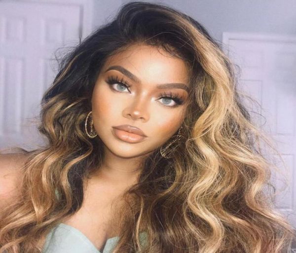 

honey blonde lace front wig glueless lace wigs human hair ombre wig black roots 1b 27 body wave brazilian virgin hair91796894935650, Black;brown