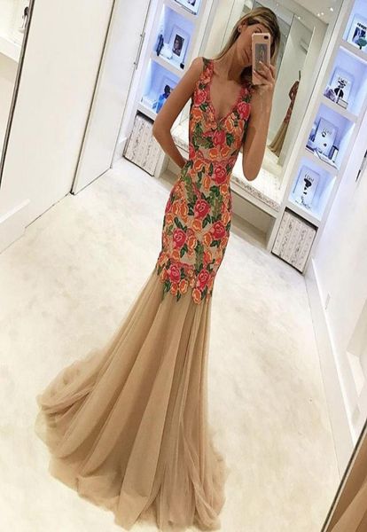 

plunging evening gowns v neck sleeveless appliqued colorful flowers floor length mermaid prom dresses 20199881289, Black;red