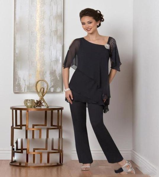

black mother of the bride suits one shoulder beaded sequin chiffon plus size wedding guest dresses formal evening mother dre7013171, Black;red