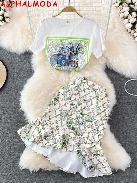 

dress alphalmoda 2022 summer printed tshirts + irregular ruffled skirt women trendy 2pcs suits holiday casual skirts sets, White