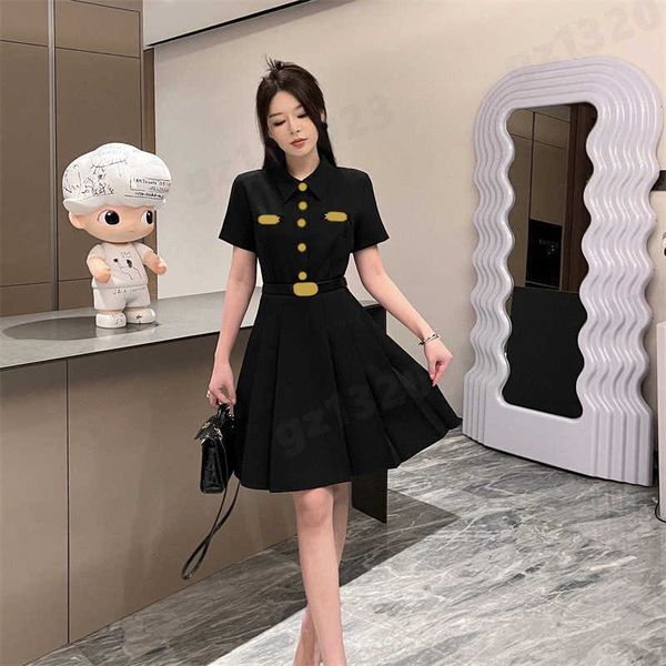 

designer dresses womens lapel contrast pocket letter embroidered pleated dress luxury women summer dresses for wedding party 0912, Black;gray