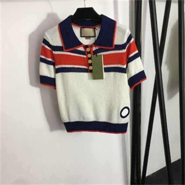 

womens knit tees short sleeve sweaters designer lettered metal button trim polo collar striped patchwork jumper summer breathable knited wo, White;black