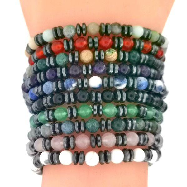 

6mm various natural crystal gemstone beads with black alloy beads bracelets simple fashion bracelets for men and women