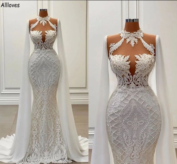 

delicate lace mermaid wedding dresses vintage high neck lace appliqued dubai arabic middle east bridal gowns with long wraps pearls beaded v, White