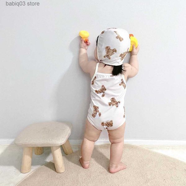 

rompers baby boy swimsuit cartoon cute bear print infant sleeveless tank swimsuit holiday baby girl one piece bathing suit + hat t230529, Blue