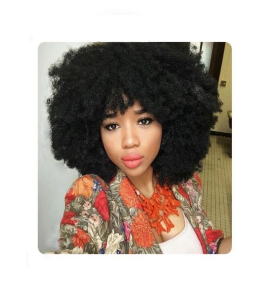 

hairstyle soft short cut kinky curly natural wig brazilian hair simulation human hair kinky curly wig with bang8306690, Black