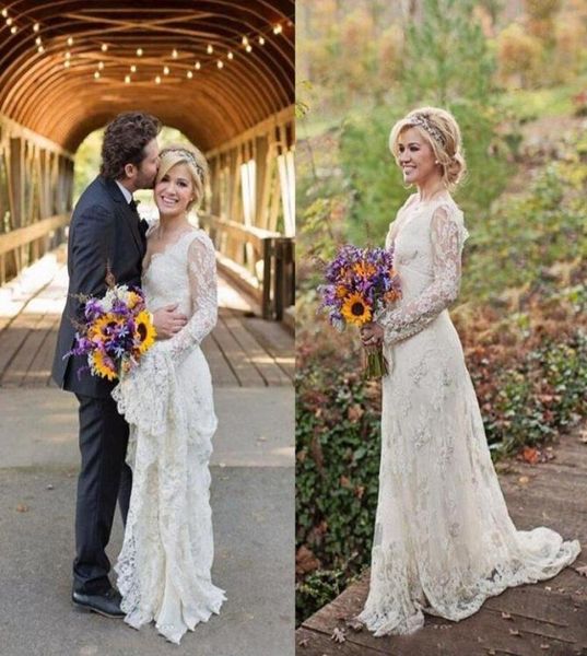 

stunning kelly clarkson country wedding dresses spring long sleeves beaded bohemian lace wedding dresses plus size bridal gowns5628914, White