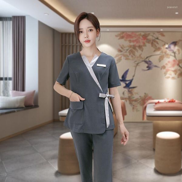 

women's two piece pants 2 piece outfit women beautician summer working uniforms spa massage short sleeve workwear sets beauty salon clo, White