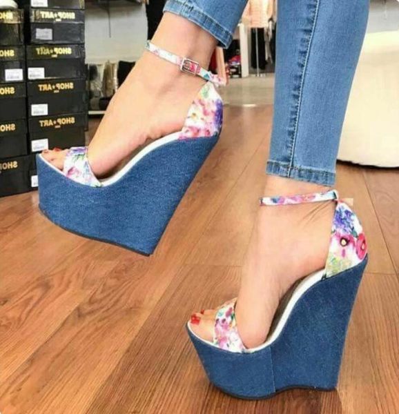

romantic blue floral printed high heels platform wedge shoes ladies summer sandals 16cm size 35 to 4034621666123109, Black