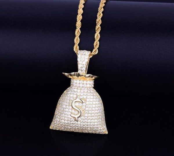 

new us dollar money bag pendant with tennis chain gold silver color bling cubic zircon men039s hip hop necklace jewelry for gif7395797