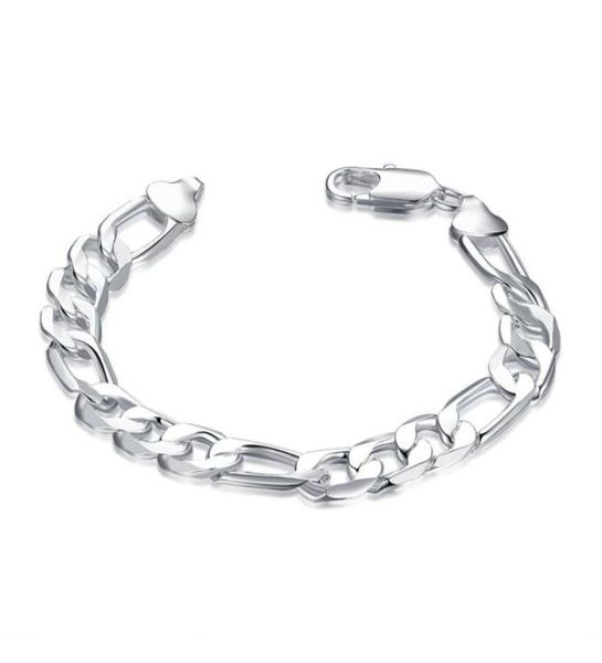 

925 silver charm chain bracelet men 10mm 8 inches long figaro chain 10pcs lot21619267507275, Black