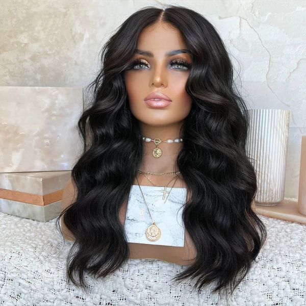 

26 inch long body wave natural black soft glueless synthetic lace front wig for women baby hair 180%density preplucked daily