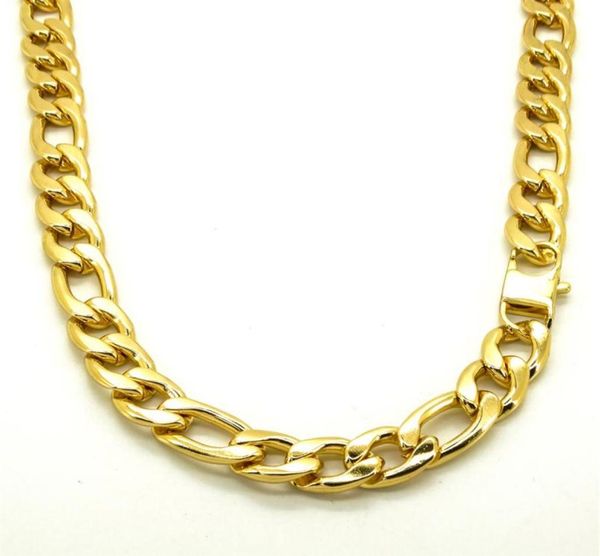 

12mm men jewelry 18k gold plated figaro chain stainless steel necklace t and co curb cuban choker 18 36 inches long waterproof218579090, Silver