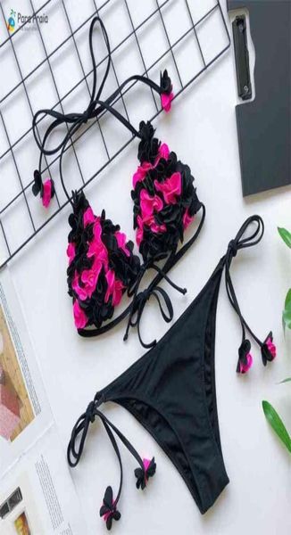 

para praia 3d flowers bikini bandeau swimsuit women bandage swimwear thong bikini set high cut bathing suit beachwear 2103229687985