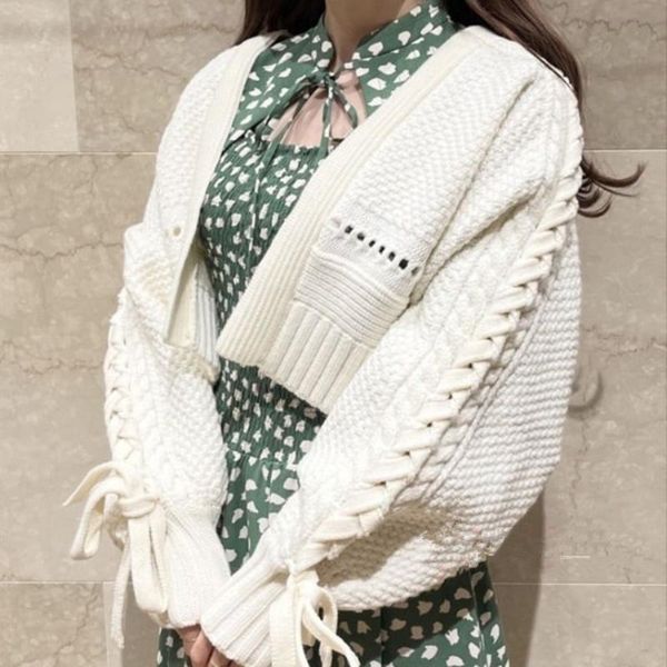 

sweaters 2023 fall winter new design bandage long sleeve cardigan solid loose open stitch crop sweater women elegant allmatch knit coats, White;black