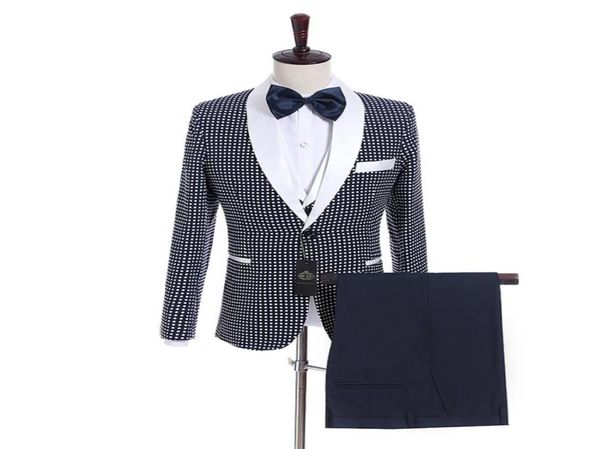 

groomsmen navy blue with dot groom tuxedos shawl white lapel men suits side vent weddingprom man blazer jacketpantsvest5941156, Black;gray
