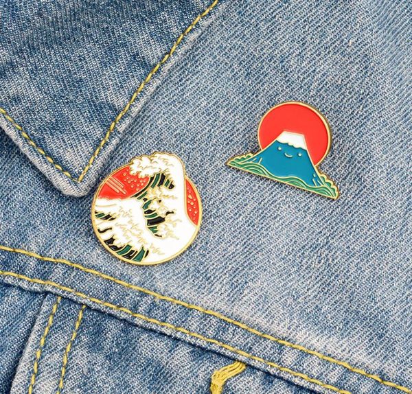 

japanese enamel ocean pins brooches cartoon wave mount fuji design pin for skirt lapel backpack cowboy brooch alloy badge a3221967, Gray