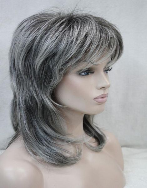 

new women039s wig medium length grey layered shoulder long synthetic hair full wig5190734, Black;brown