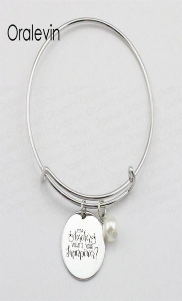 

i039m a teacher what039s your superpower inspirational hand stamped engraved custom pendant expandable bracelet diy jewelry 2491564, Golden;silver