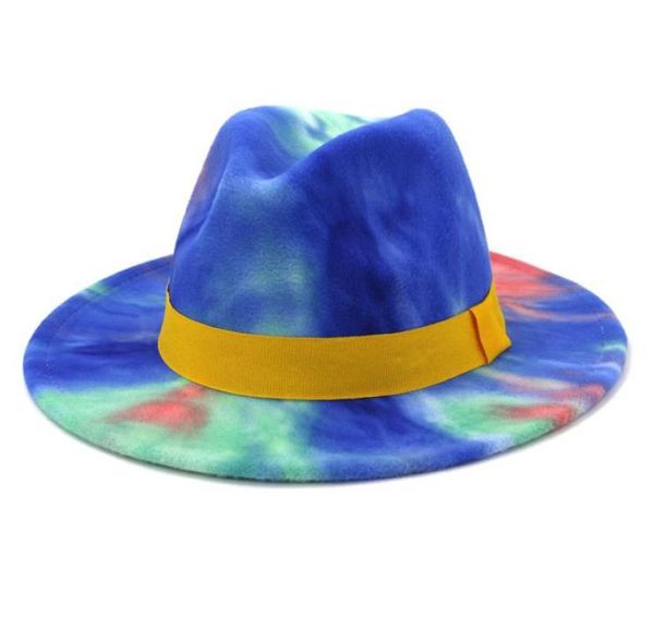 

fashion flat brim jazz felt hat new arrival trendy lady colorful tie dye panama faux wool fedora hat cap with yellow band4704538, Blue;gray