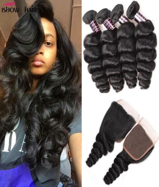 

brazilian loose wave human hair bundles weaves with 4x4 lace closure natural black color hair extensions5272870