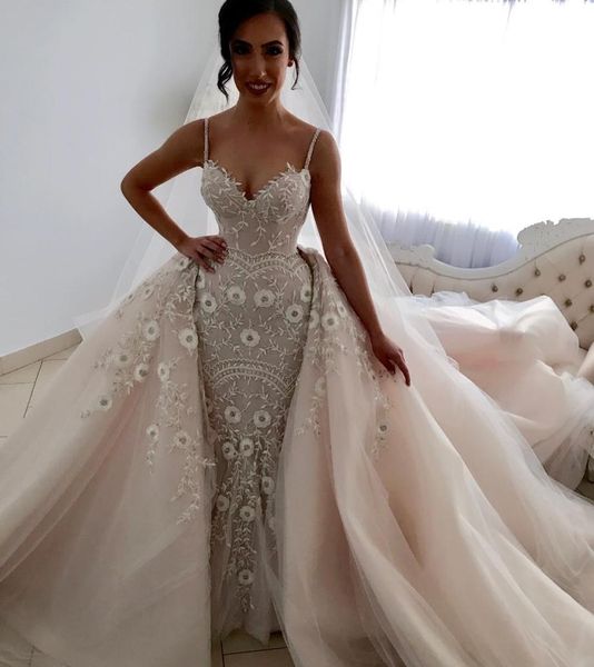 

spaghetti mermaid wedding dresses with detachable train applique beads plus size wedding gown sweep train country bridal dres6364195, White