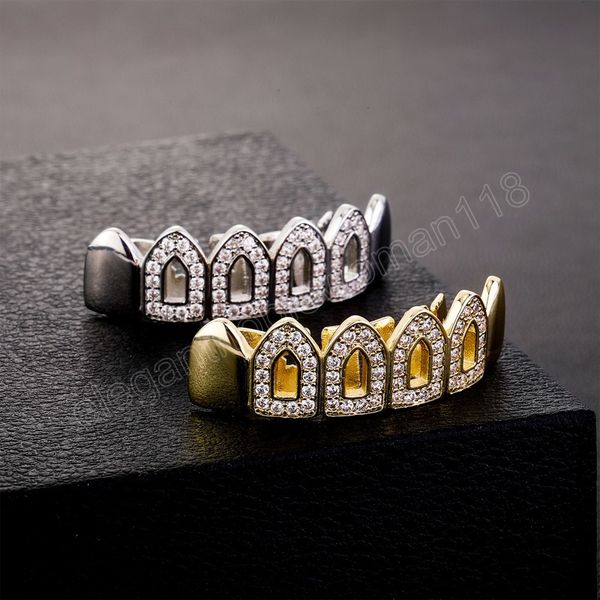 

bling cz hollow teeth grillz yellow white gold plated grills dental jewlery hip hop fashion rapper jewelry, Black