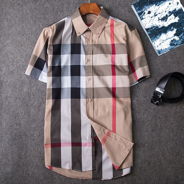 

designer men's business short sleeved 2023 plaid lapel shirt classic single breasted burbereys men slim fitting t-shirt s-xxxl, White;black