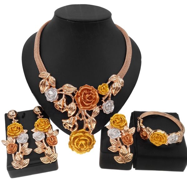 

yulaili flower shape italian gold jewelry set women evening dress four piece jewelry set, Black