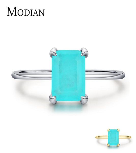 

modian authentic 925 sterling silver wedding rings classic rectangle tourmaline paraiba female finger ring for women charm fine je8953815, Slivery;golden