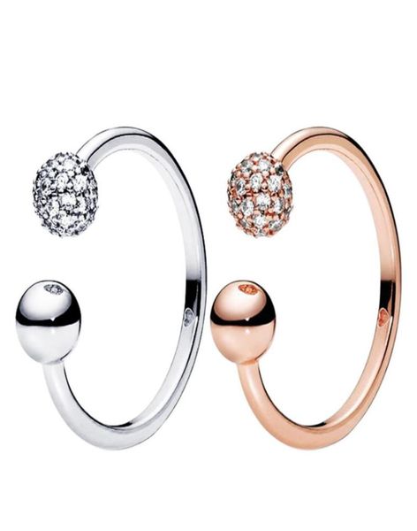 

authentic sterling silver pave bead open ring womens rose gold wedding gift jewelry for pandora cz diamond ball rings with origina1612187, Slivery;golden