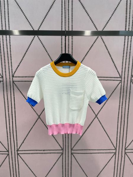 

2023 runway summer pullovers lady knitted sweaters women casual pocket o-neck short sleeve jumper, White;black