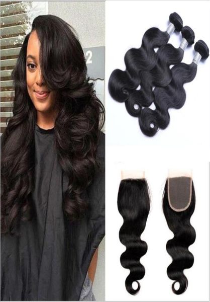 

brazilian hair bundles with closure 830inch double weft human hair extensions dyeable remy virgin hair weave body wave wavy5199651, Black