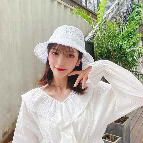 

wide brim hats lace bucket hat summer women's breathable hollow lace flower thin bucket hat aa230529, Blue;gray