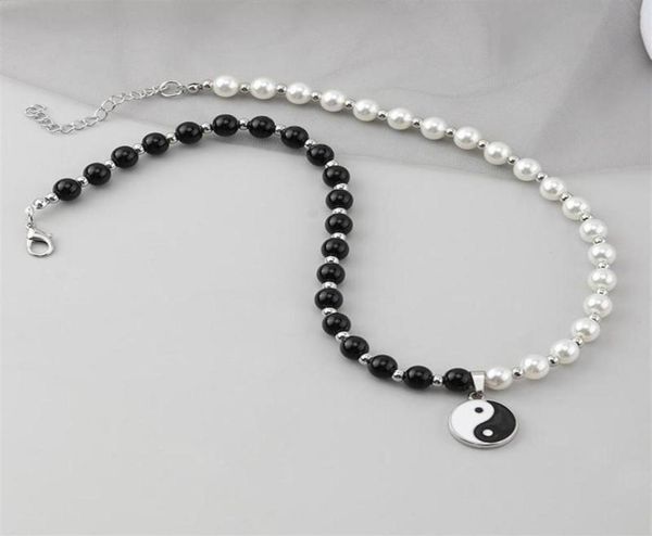 

chokers round pearl beads yin yang taichi pendant stainless steel chain necklace couple jewelry women mens242f89734448750119, Golden;silver