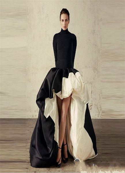 

african high low long sleeves evening dresses high neck black and white satin prom dress ruffles sweep train formal cocktail party4412932, Black;red