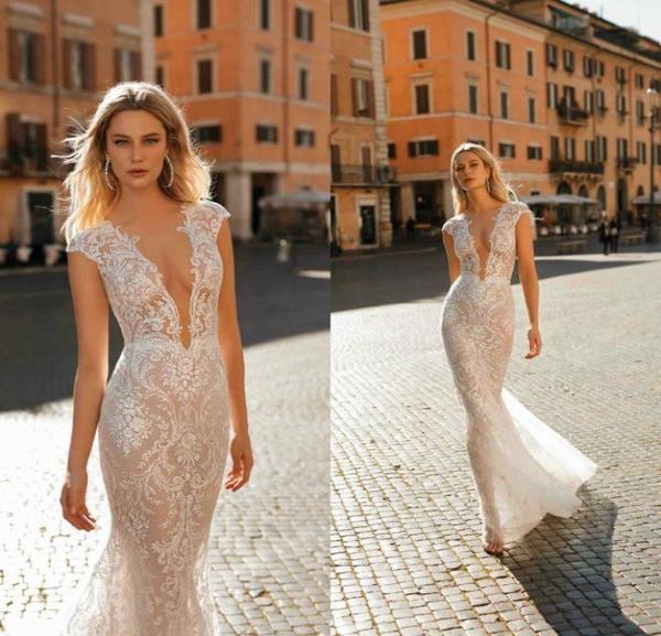 

2019 berta mermaid wedding dresses deep v neck appliqued lace floor length beach wedding dress custom made boho vestidos de n5469398, White
