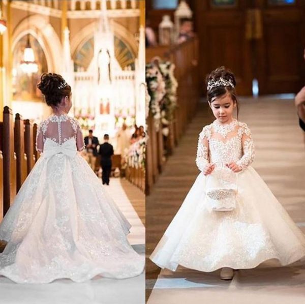 

new princess flower girl dresses for weddings illusion lace appliques tulle long sleeves child birthday communion girls pageant dr5089807, White;blue