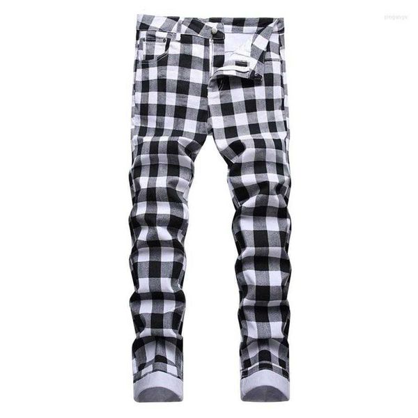 

men's jeans men's fashion printed casual trousers harakuju plaid stretch denim pants straight, Blue