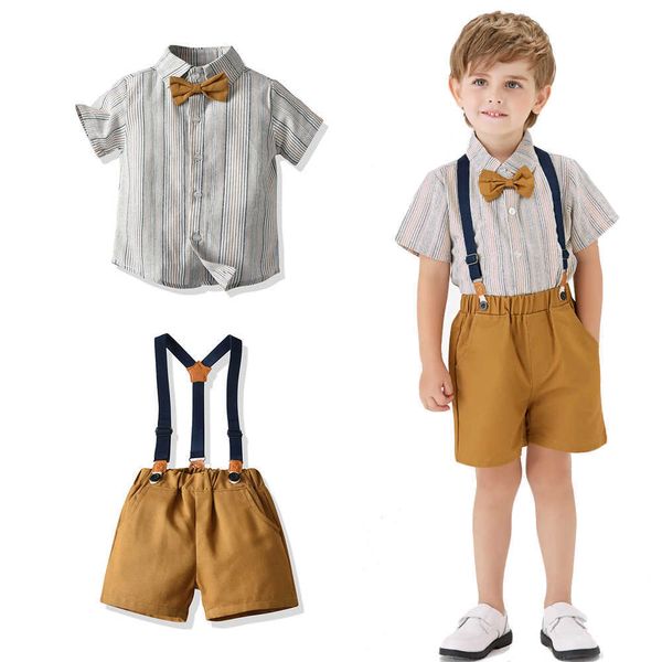 

summer middle school children's stripe short sleeved cotton shirt men's suspender shorts two piece set trendy children's clot, White;black