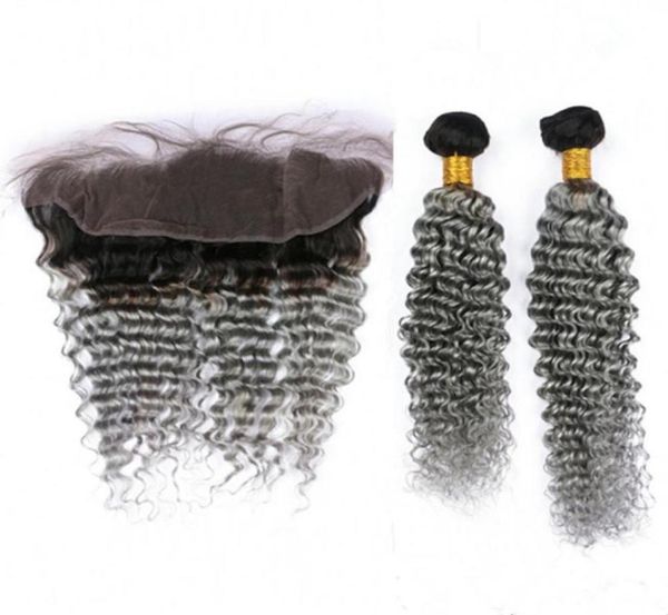

deep wave brazilian silver grey ombre human hair 2pcs bundles with frontal 3pcs lot 1bgrey ombre 13x4 lace frontal closure with w22700645, Black;brown