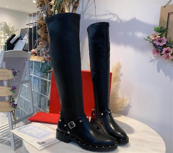 

new 2020 designer women black thighhigh motocycle boots brand ladies black stretch leather flat autumn winter martin boots 354228550929